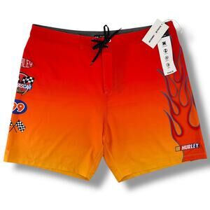 Hurley Nascar Phantom Eco Flames Swim Trunks Boardshorts Sz 36 Checker Flag 18"